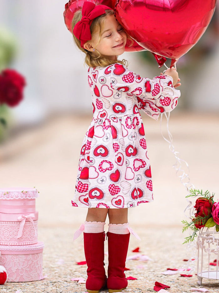 Valentines Day Outfits | Girls Heart Button Print Long Sleeve Dress