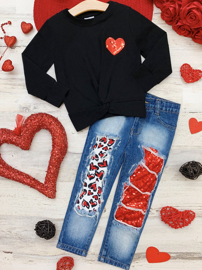 Toddler Valentine's Clothes | Knot Hem Top & Sequin Patched Jeans Set
