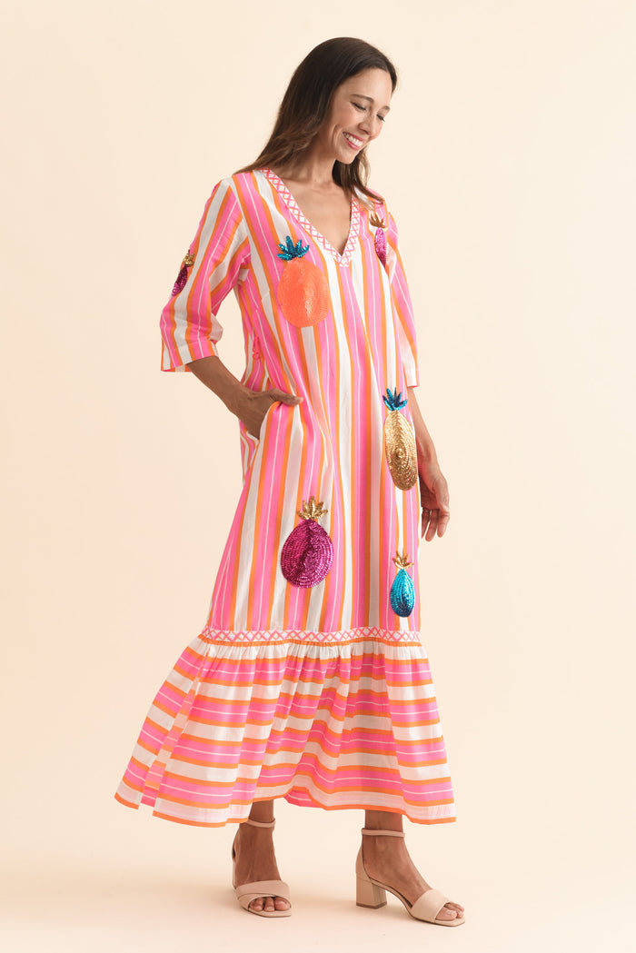 Dakota Pink Pineapple Sequin Cotton Dress,Brunette model,alt text|model:Cara