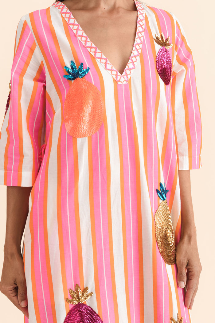 Dakota Pink Pineapple Sequin Cotton Dress,Brunette model,alt text|model:Cara