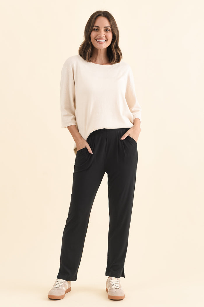 Dana Black Micro Modal Pants,Brunette model,alt text|model:MJ