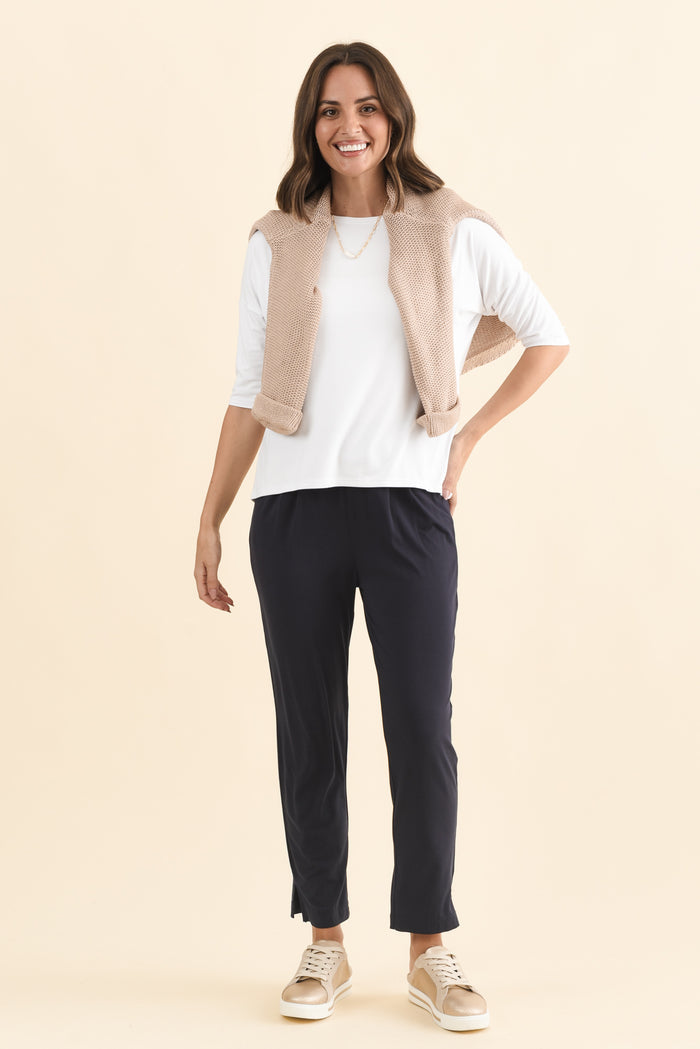 Dana Navy Micro Modal Pants,Brunette model,alt text|model:MJ