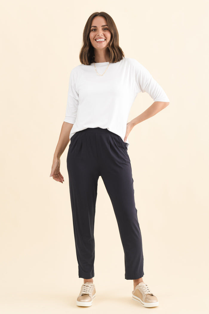 Dana Navy Micro Modal Pants,Brunette model,alt text|model:MJ