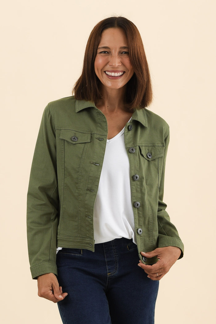 Danielle Khaki Stretch Jean Jacket,Front,Brunette model,alt text|model:Cara