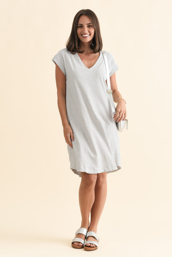 Daphne Black Stripe Cotton V Neck Dress,Brunette model,alt text|model:MJ