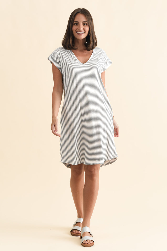 Daphne Black Stripe Cotton V Neck Dress,Brunette model,alt text|model:MJ