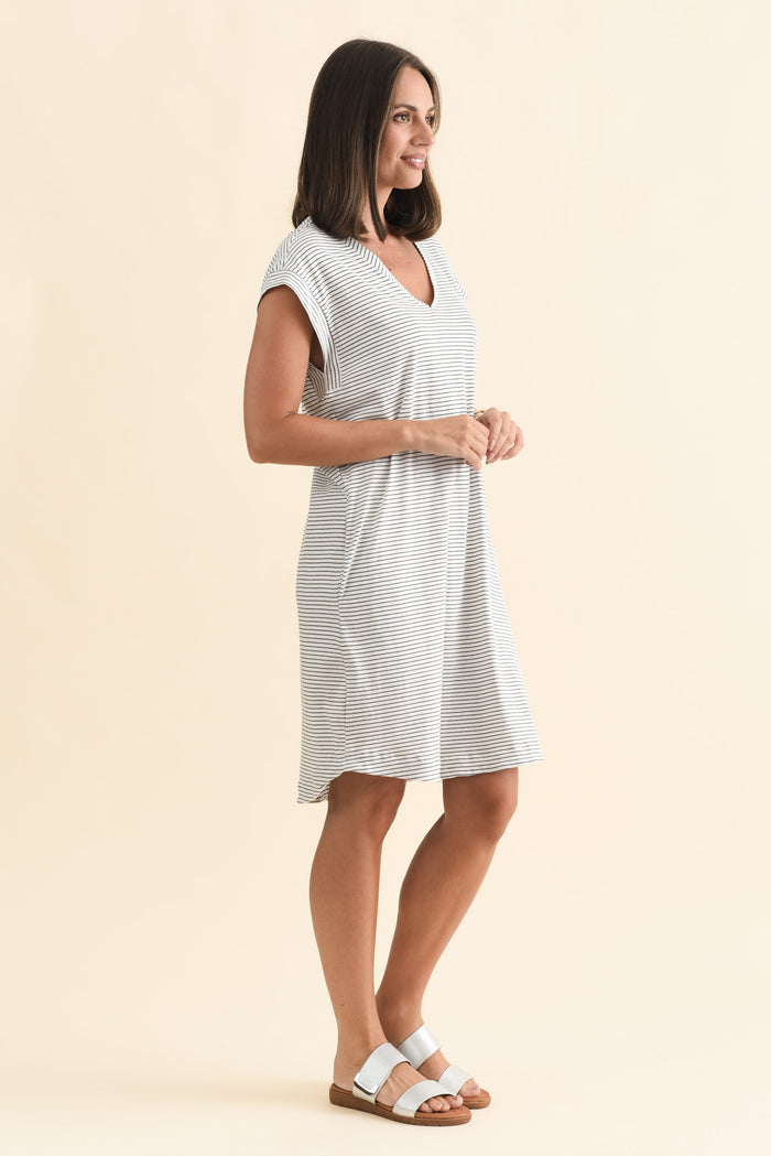 Daphne Black Stripe Cotton V Neck Dress,Brunette model,alt text|model:MJ
