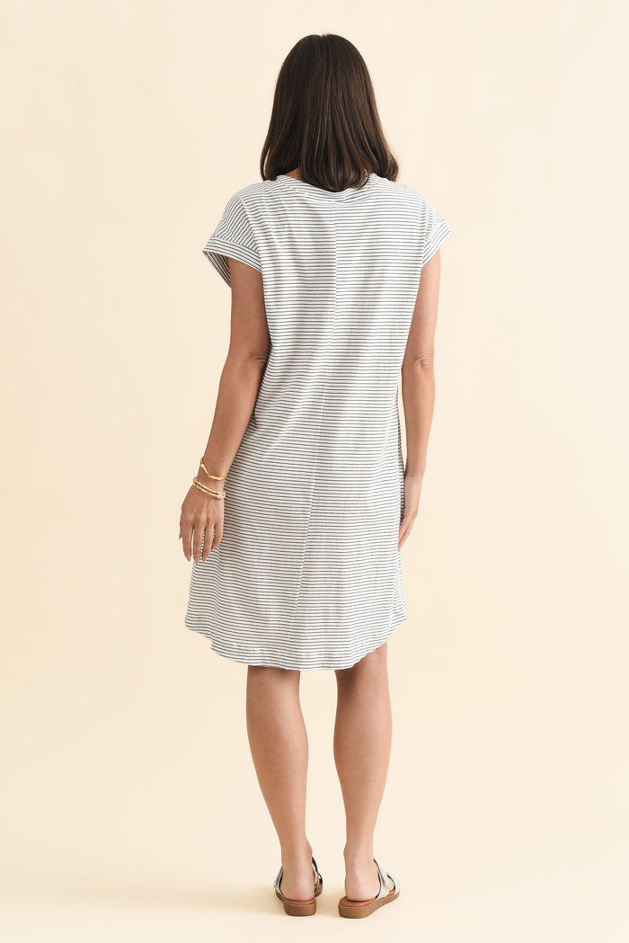 Daphne Black Stripe Cotton V Neck Dress,Brunette model,alt text|model:MJ