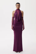 Darleen Cowl Neck Ruch Lace Maxi Dress In Purple