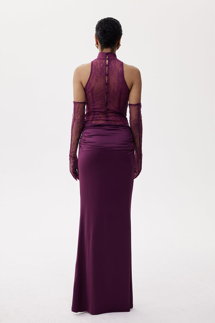 Darleen Cowl Neck Ruch Lace Maxi Dress In Purple