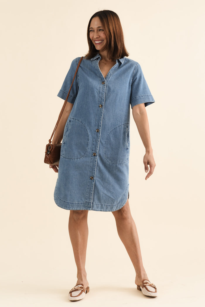 Dawson Blue Denim Button Dress,brunette model,Front of Outfit,alt text|model:Cara