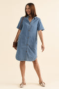 Dawson Blue Denim Button Dress,brunette model,Front of Outfit,alt text|model:Cara