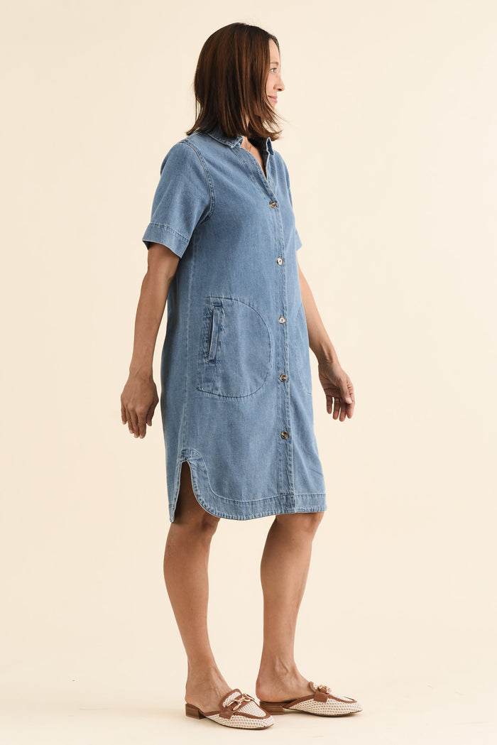 Dawson Blue Denim Button Dress,brunette model,Side of Outfit,alt text|model:Cara