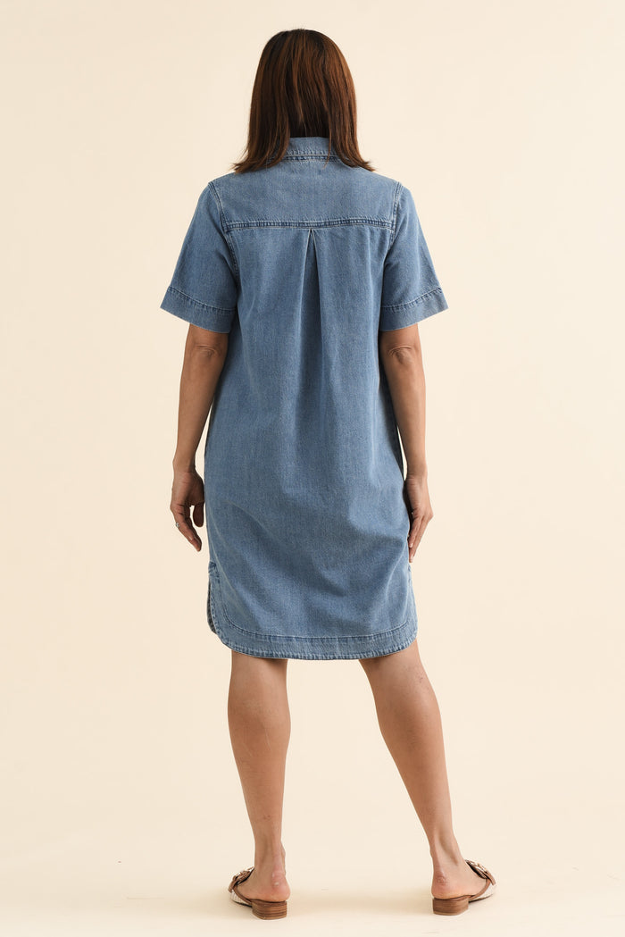 Dawson Blue Denim Button Dress,brunette model,Back of Outfit,alt text|model:Cara