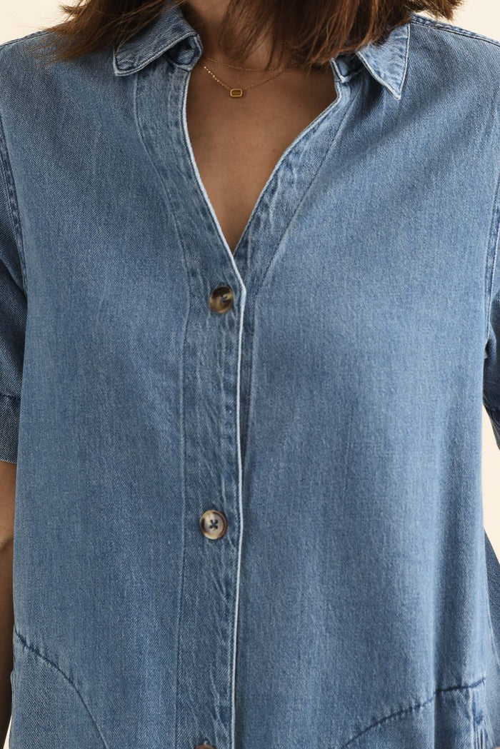 Dawson Blue Denim Button Dress,brunette model,Close up of outfit,alt text|model:Cara