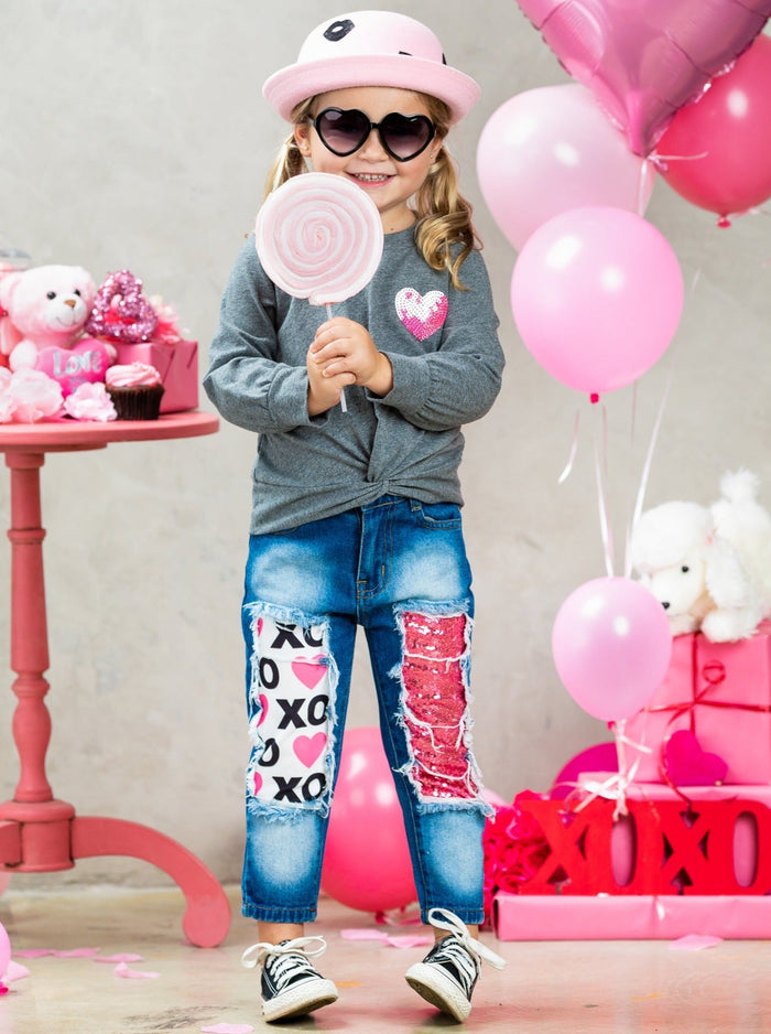 Girls Valentine's Clothes | Knot Hem Top & Sequin Patched Jeans Set