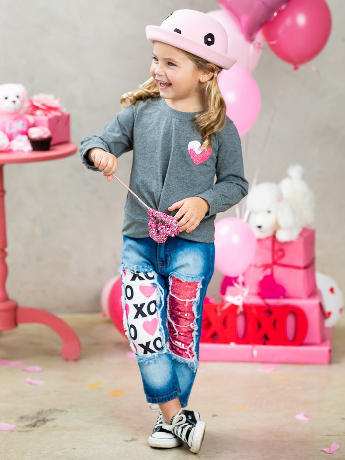 Girls Valentine's Clothes | Knot Hem Top & Sequin Patched Jeans Set