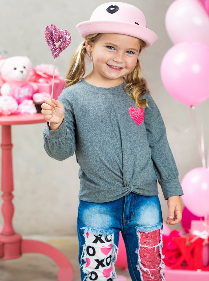 Girls Valentine's Clothes | Knot Hem Top & Sequin Patched Jeans Set