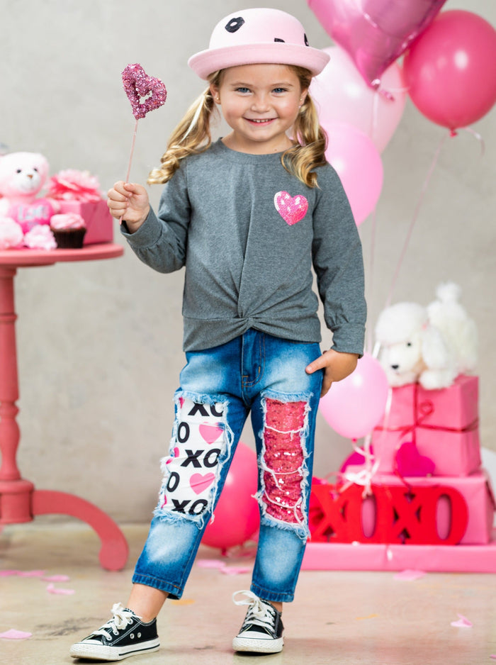 Girls Valentine's Clothes | Knot Hem Top & Sequin Patched Jeans Set