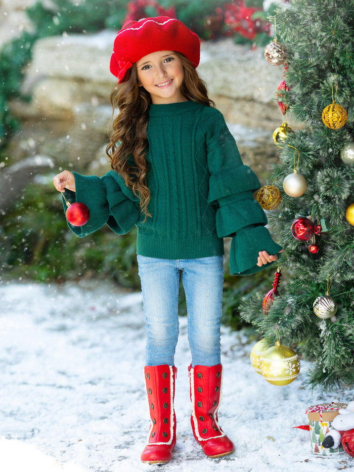 Toddler Sweaters | Tiered Sleeve Cable Knit Sweater | Mia Belle Girls