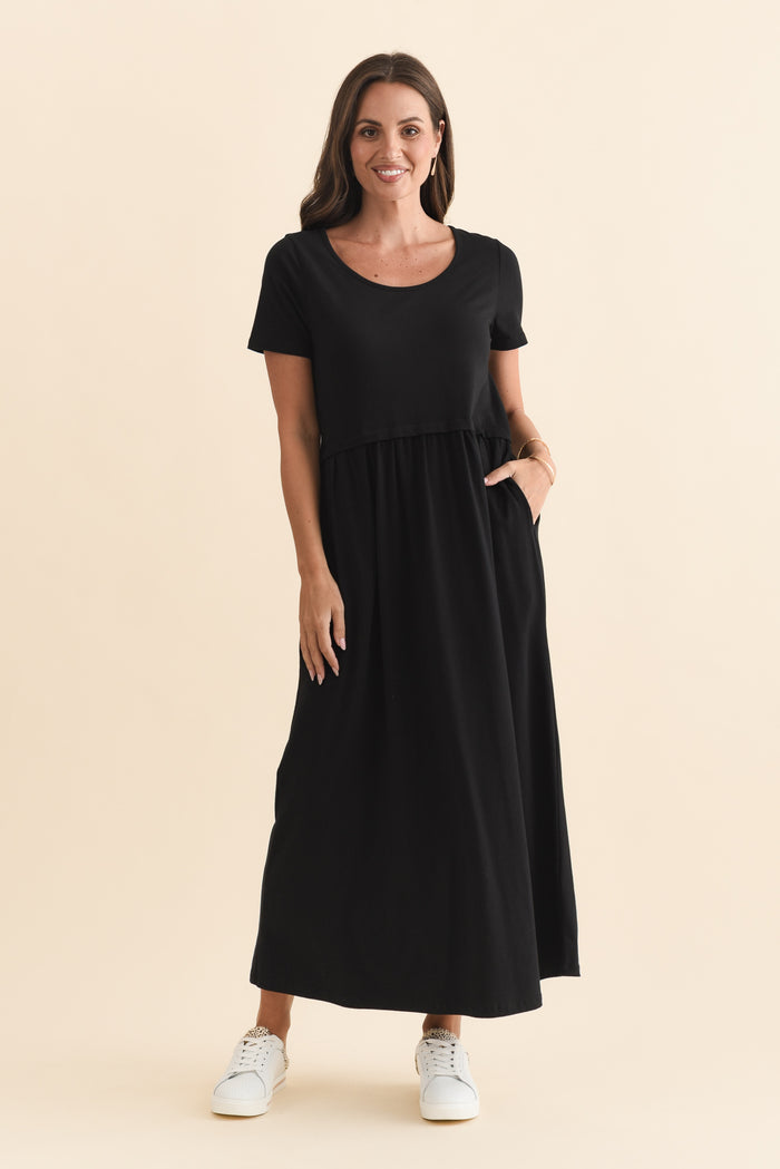 Deidra Black Cotton Pocket Dress,Brunette model,alt text|model:MJ