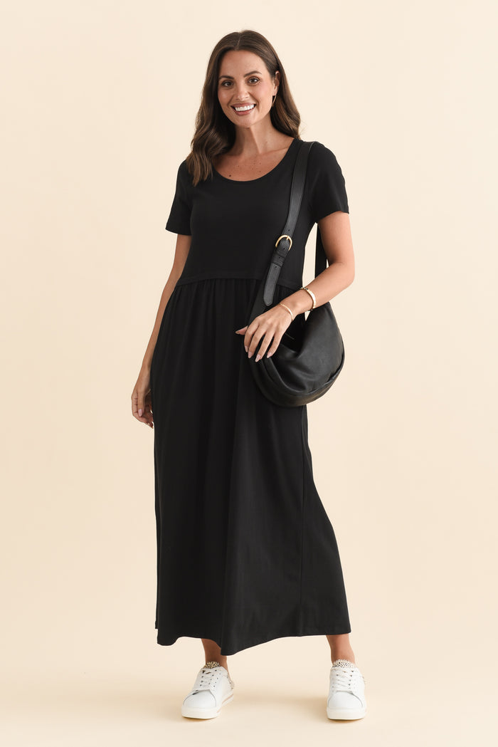 Deidra Black Cotton Pocket Dress,Brunette model,alt text|model:MJ