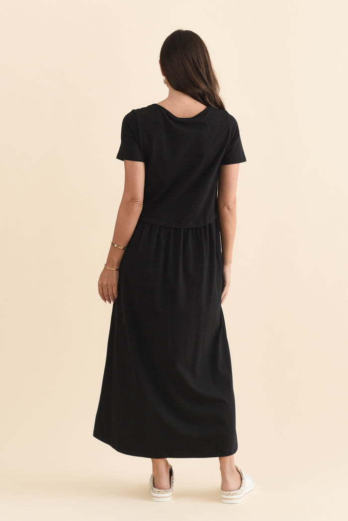 Deidra Black Cotton Pocket Dress,Brunette model,alt text|model:MJ
