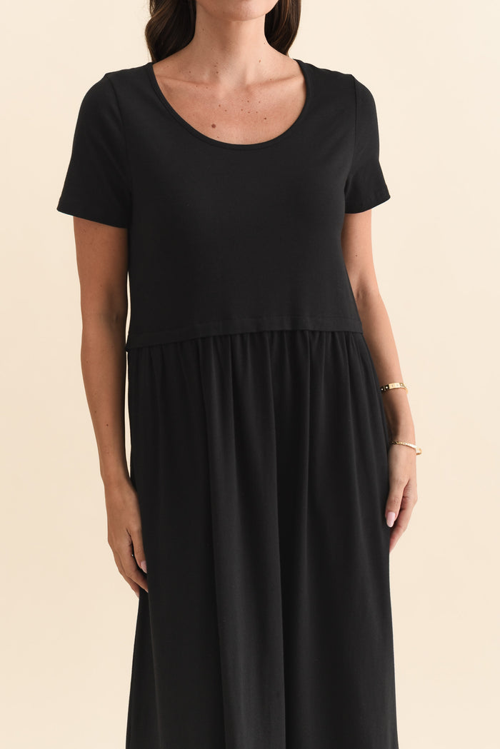 Deidra Black Cotton Pocket Dress,Brunette model,alt text|model:MJ