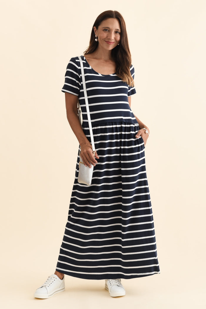 Deidra Navy Stripe Cotton Pocket Dress,Brunette model,alt text|model:Cara
