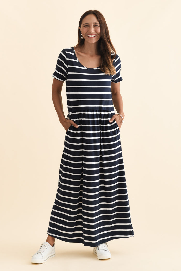 Deidra Navy Stripe Cotton Pocket Dress,Brunette model,alt text|model:Cara