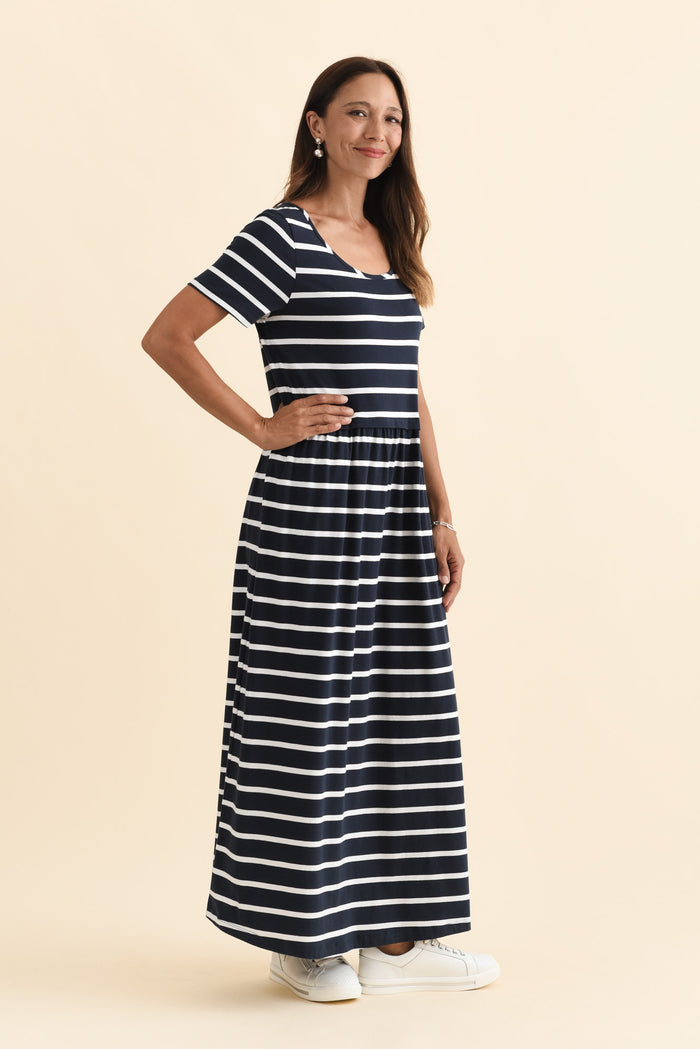 Deidra Navy Stripe Cotton Pocket Dress,Brunette model,alt text|model:Cara