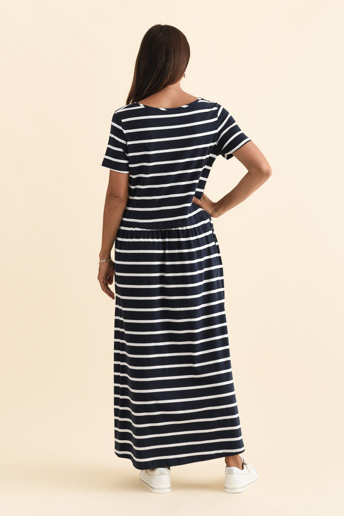 Deidra Navy Stripe Cotton Pocket Dress,Brunette model,alt text|model:Cara