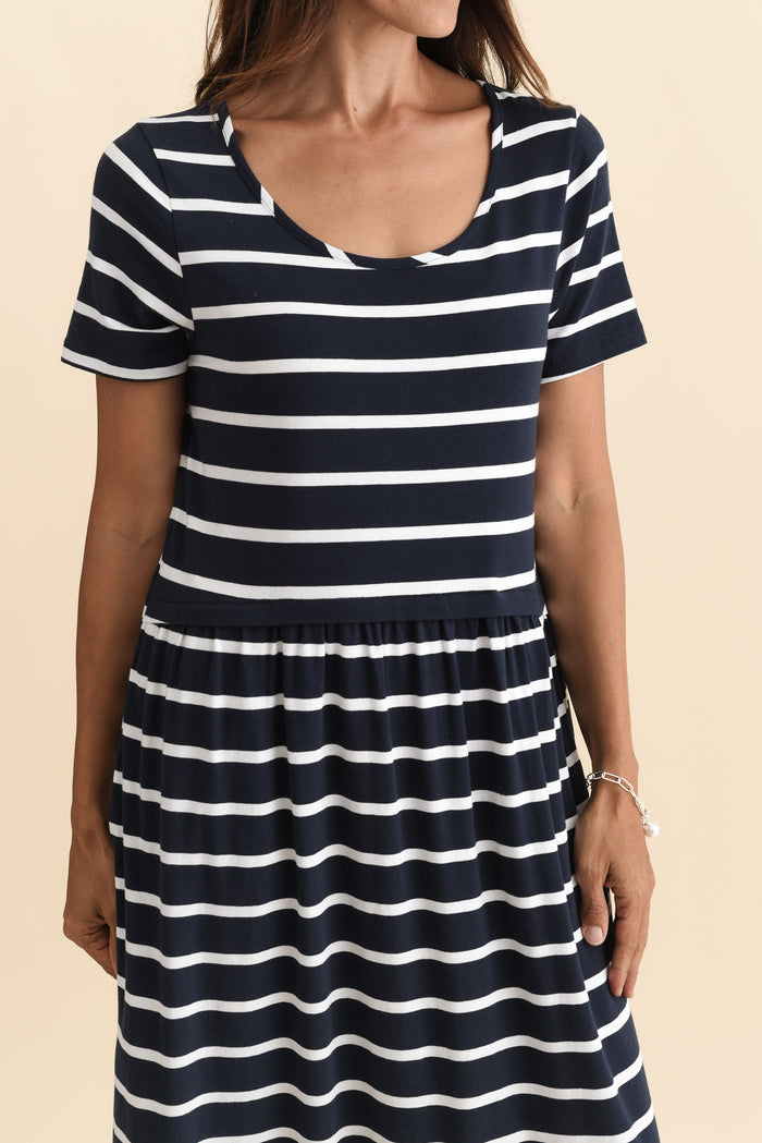 Deidra Navy Stripe Cotton Pocket Dress,Brunette model,alt text|model:Cara