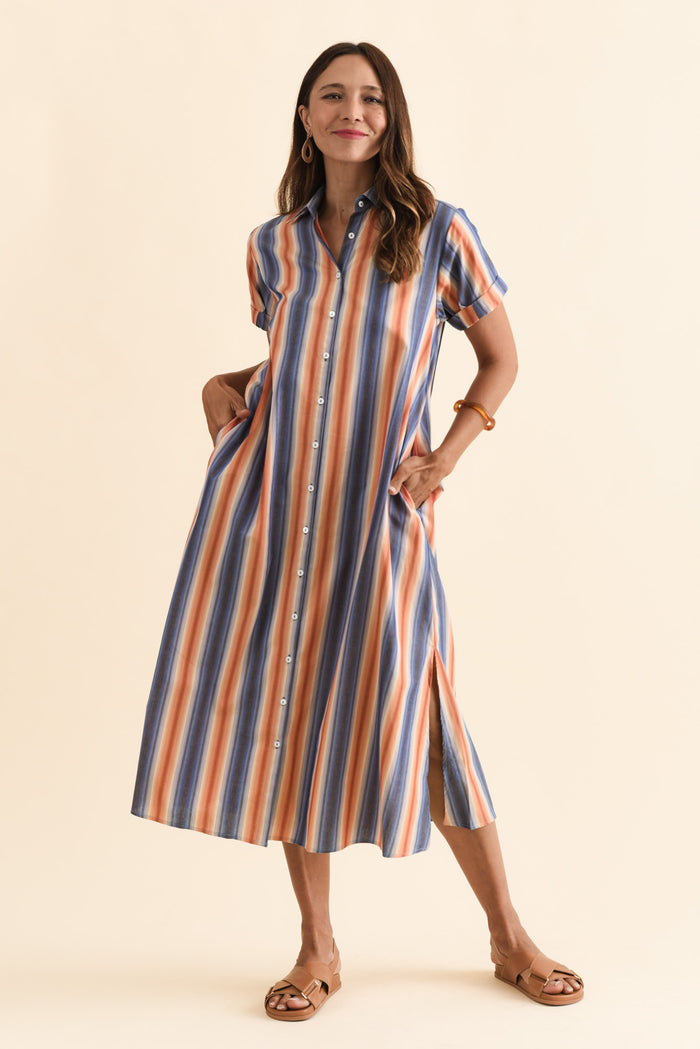 Deirdre Blue Stripe Cotton Tie Dress,Brunette model,alt text|model:Cara