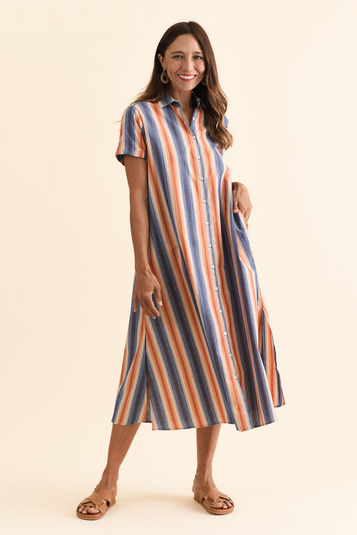 Deirdre Blue Stripe Cotton Tie Dress,Brunette model,alt text|model:Cara