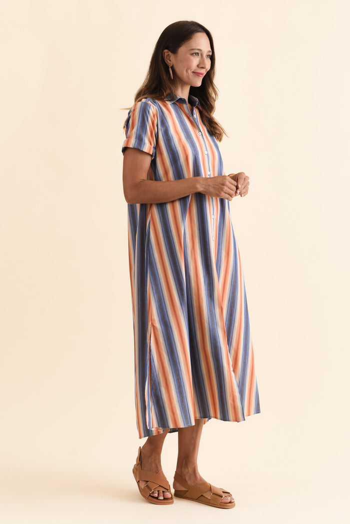 Deirdre Blue Stripe Cotton Tie Dress,Brunette model,alt text|model:Cara