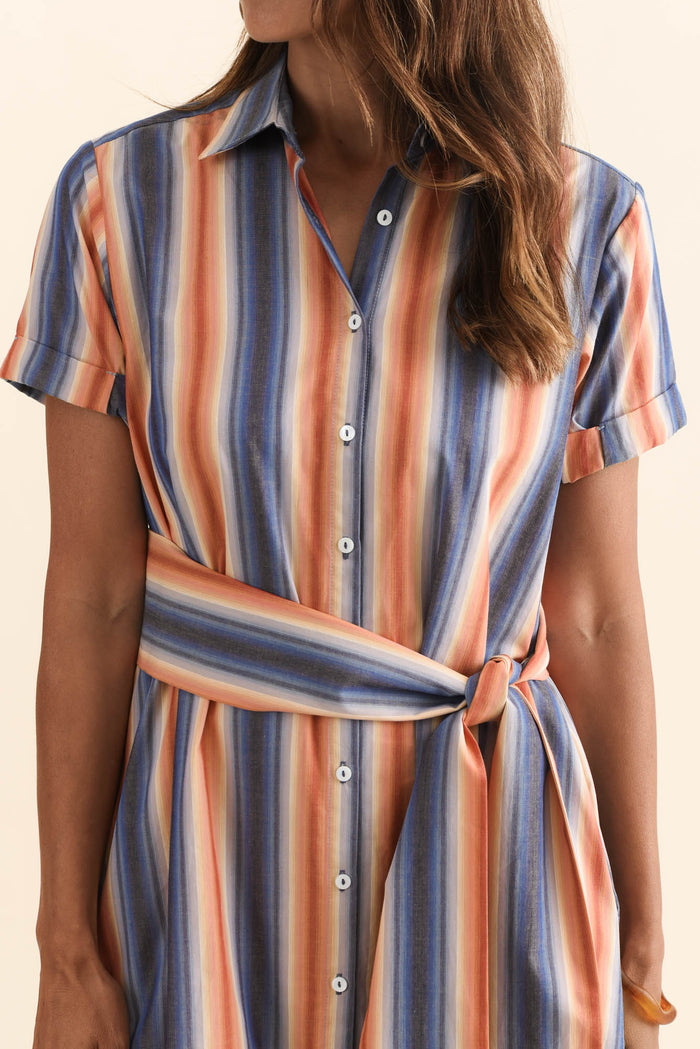 Deirdre Blue Stripe Cotton Tie Dress,Brunette model,alt text|model:Cara