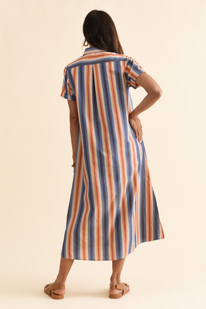 Deirdre Blue Stripe Cotton Tie Dress,Brunette model,alt text|model:Cara