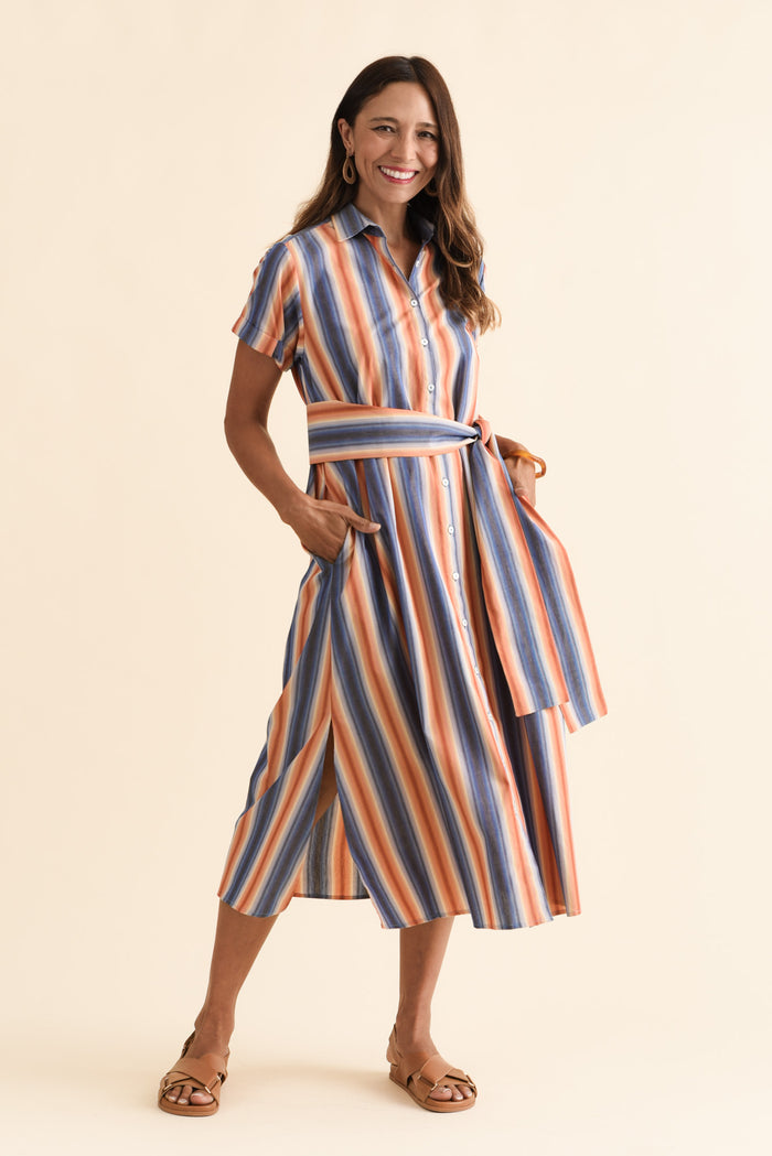 Deirdre Blue Stripe Cotton Tie Dress,Brunette model,alt text|model:Cara