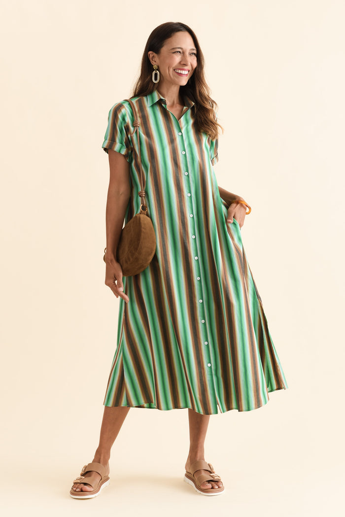 Deirdre Green Stripe Cotton Tie Dress,Brunette model,alt text|model:Cara