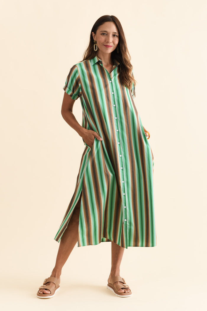 Deirdre Green Stripe Cotton Tie Dress,Brunette model,alt text|model:Cara