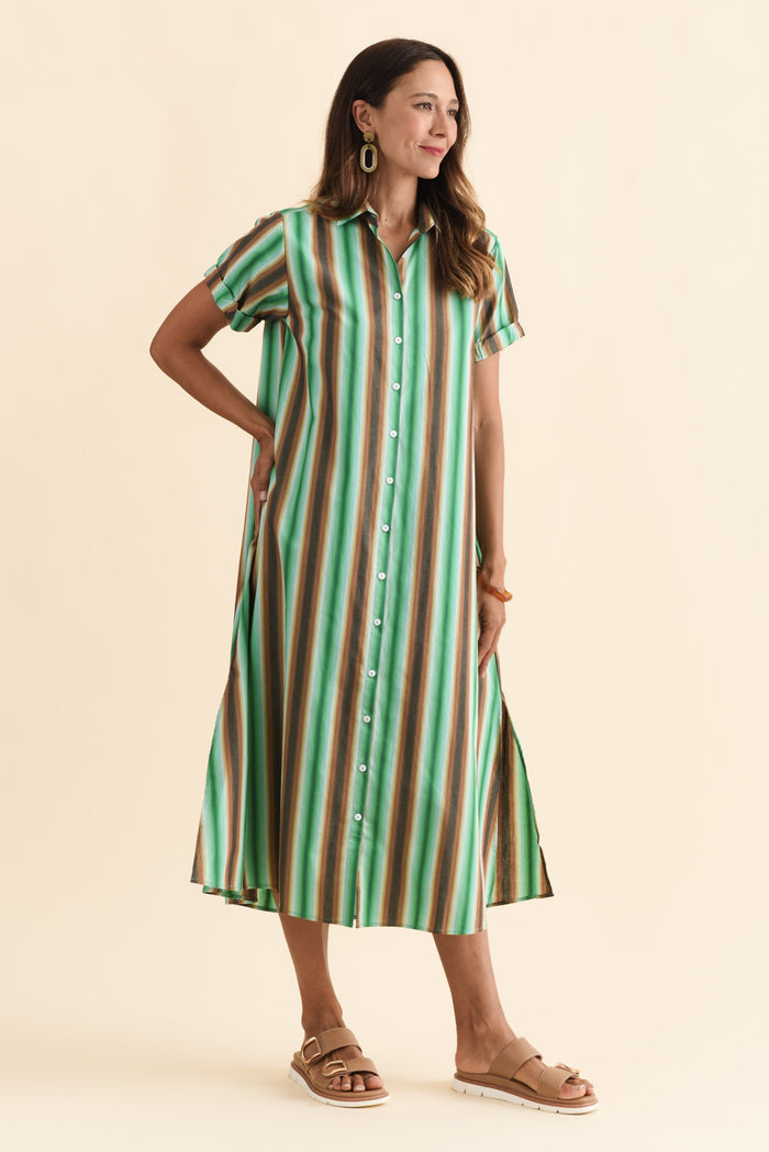 Deirdre Green Stripe Cotton Tie Dress,Brunette model,alt text|model:Cara