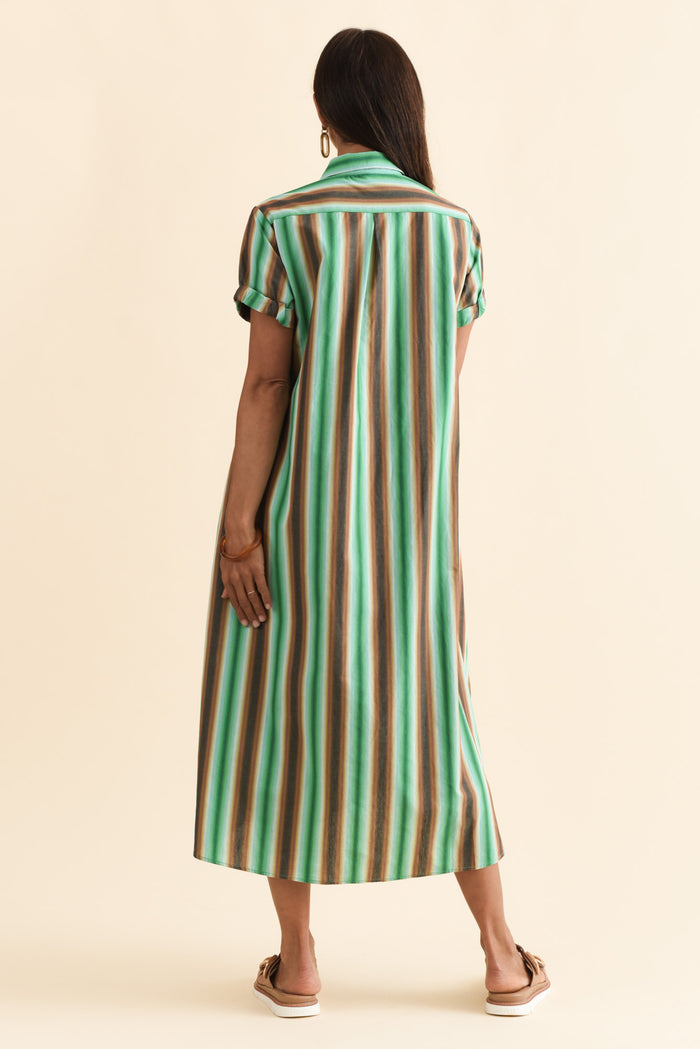 Deirdre Green Stripe Cotton Tie Dress,Brunette model,alt text|model:Cara