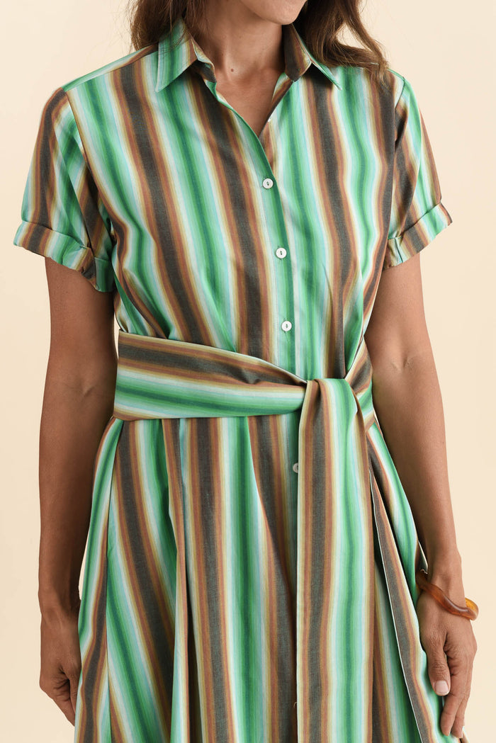 Deirdre Green Stripe Cotton Tie Dress,Brunette model,alt text|model:Cara