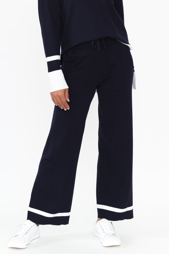 Delphine Navy Knit Pants,Brunette model,alt text|model:Cara