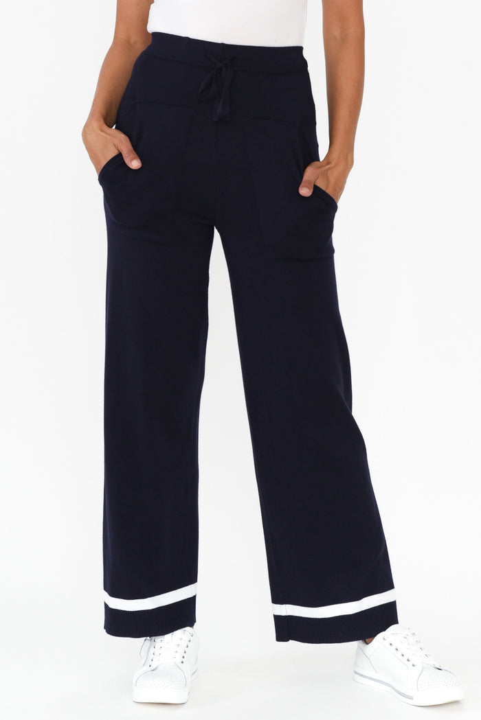Delphine Navy Knit Pants,Brunette model,alt text|model:Cara