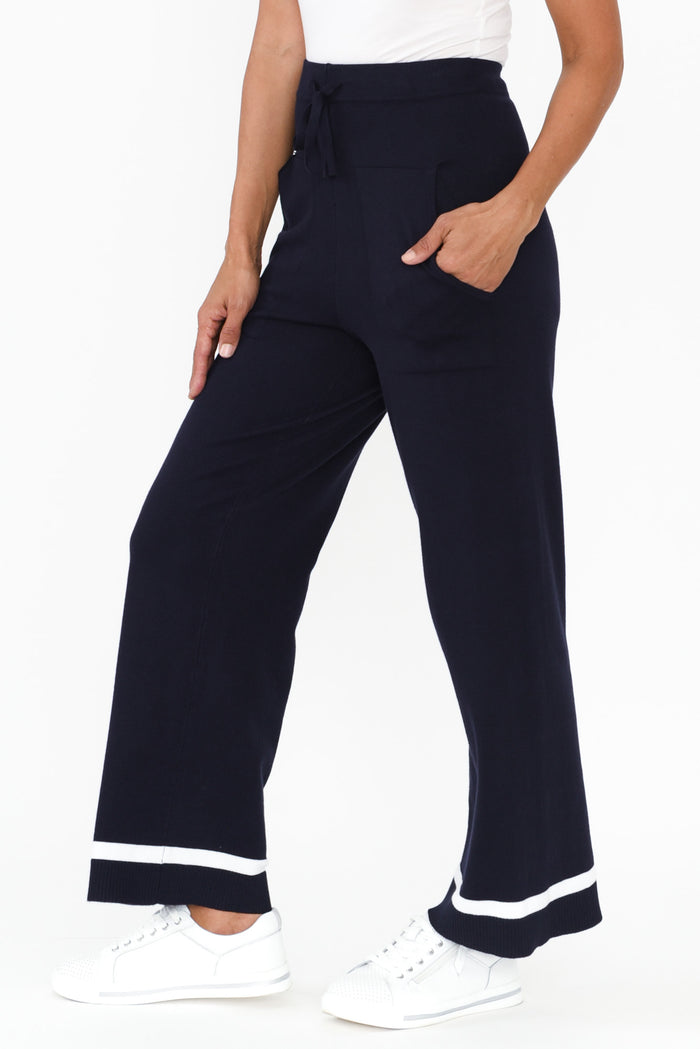 Delphine Navy Knit Pants,Brunette model,alt text|model:Cara
