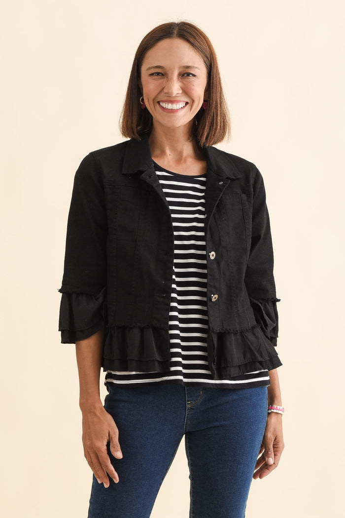 Dolores Black Cotton Frill Jacket,Brunette model,alt text|model:Cara