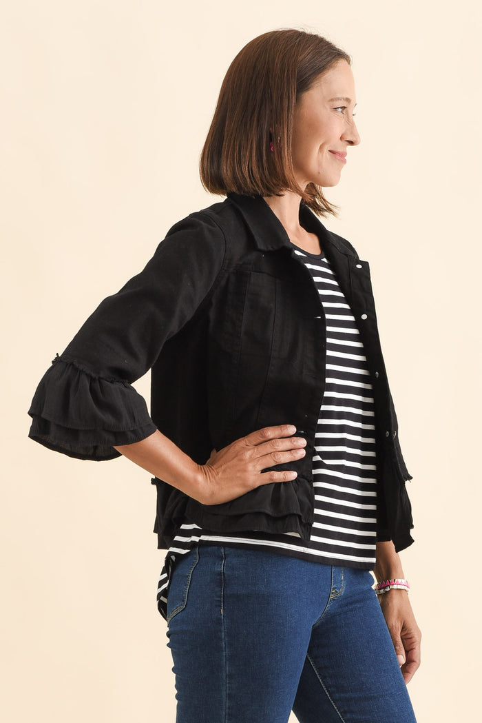 Dolores Black Cotton Frill Jacket,Brunette model,alt text|model:Cara