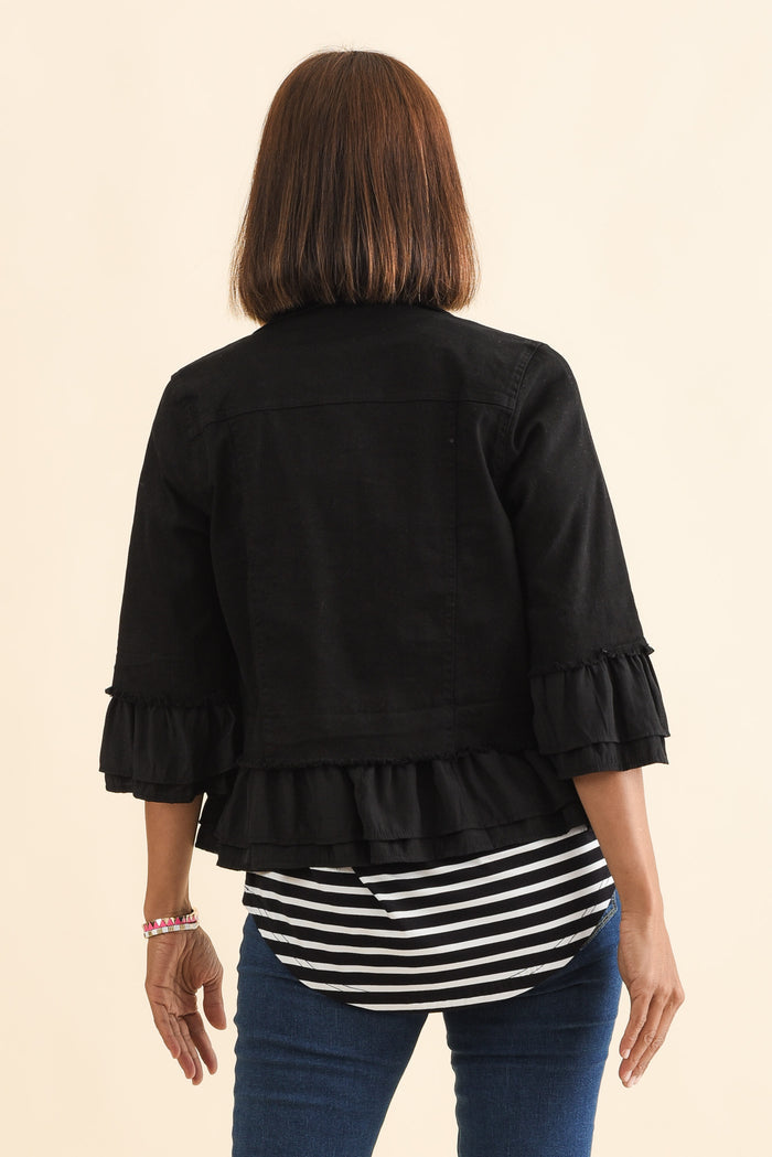 Dolores Black Cotton Frill Jacket,Brunette model,alt text|model:Cara